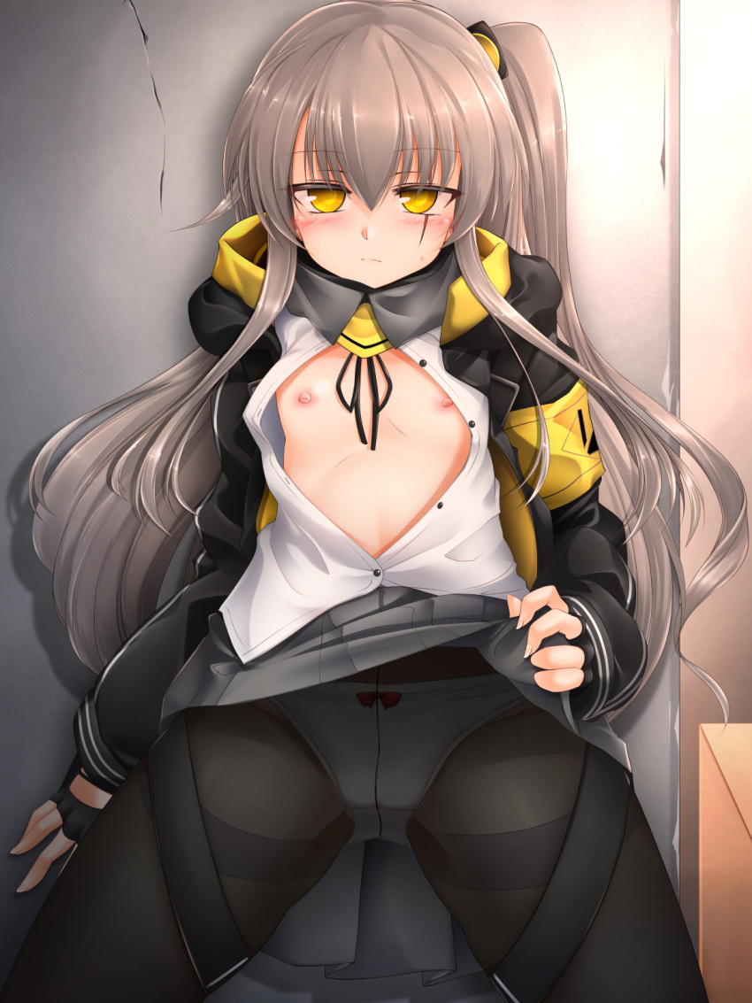 1girl black_gloves black_jacket black_pantyhose black_ribbon breasts brown_hair buttons closed_mouth clothes_lift collared_shirt dress_shirt exoskeleton fingerless_gloves girls'_frontline gloves hair_between_eyes highres indoors jacket lifted_by_self long_hair long_sleeves looking_at_viewer marukyuu_ameya neck_ribbon one_side_up open_clothes open_jacket open_shirt panties panties_under_pantyhose pantyhose pleated_skirt ribbon shirt skirt skirt_lift small_breasts ump45_(girls'_frontline) underwear white_shirt yellow_armband yellow_eyes