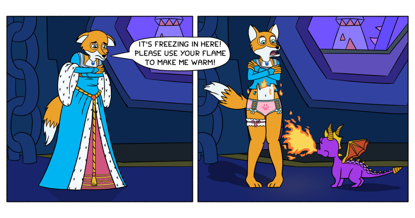 19:10 2023 2_panel_comic absurd_res accessory activision anthro assisted_exposure biped blue_clothing blue_dress bow_panties breath_powers burning_clothing canid canine cheek_tuft clothed clothing cold colored_edge_panties comic covering covering_chest covering_self dialogue digital_drawing_(artwork) digital_media_(artwork) dipstick_ears dipstick_tail dragon dress duo elemental_manipulation embarrassed english_text exposed_panties exposed_underwear facial_tuft female fire fire_breathing fire_manipulation footprint forced forced_exposure fox front-print_panties full-length_portrait fur garter green_eyes hi_res humiliation ice_princess inside jewelry looking_at_another looking_down male mammal markings multicolored_ears multicolored_tail navel necklace open_mouth orange_body orange_fur panties partially_clothed paw_panties paw_print_panties paw_print_underwear paw_underwear pawprint pazymomo pink_clothing pink_panties pink_underwear portrait princess print_clothing print_panties print_underwear purple_body quadruped royalty sad shocked shocked_expression simple_background solo speech_bubble spyro spyro_the_dragon standing tail tail_markings talking_to_another text torn_clothing torn_dress tuft underwear white_body white_fur