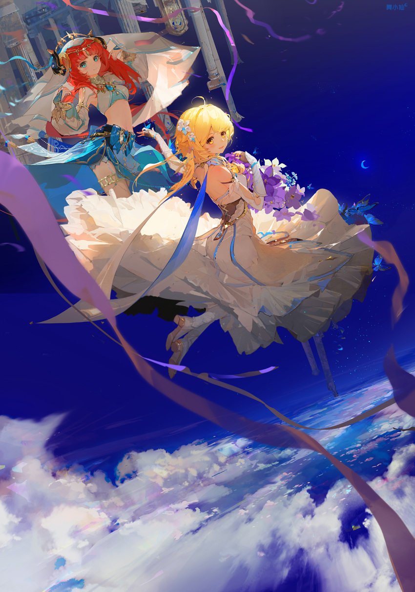 2girls above_clouds ahoge arms_up bangs blonde_hair blue_sky breasts cloud commentary_request crescent dancer dancing detached_sleeves dress elbow_gloves fake_horns flower genshin_impact gloves green_eyes hair_flower hair_ornament highres horns jewelry long_hair looking_at_viewer looking_back lumine_(genshin_impact) moon multiple_girls nilou_(genshin_impact) open_mouth red_hair short_hair sky smile thighlet veil white_dress wu_xiao_xian yellow_eyes