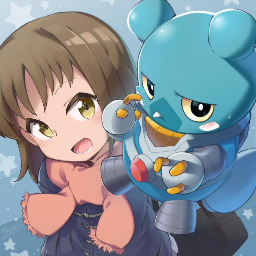 anthro aoi_(digimon_ghost_game) bandai_namco blue_body blush brown_hair buckteeth digimon digimon_ghost_game duo espimon female hair hi_res human jet_pack male mammal scarf teeth toyuri_angrm yellow_eyes