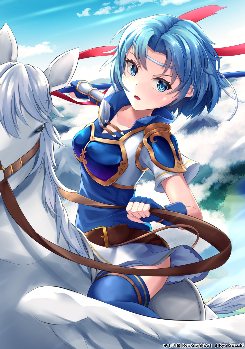 1girl absurdres armor blue_eyes blue_hair blue_thighhighs boots breastplate cloud dress fire_emblem fire_emblem:_the_binding_blade headband highres holding holding_reins horseback_riding pauldrons pegasus pegasus_knight_uniform_(fire_emblem) polearm reins riding ryo-suzuki short_dress short_hair short_sleeves shoulder_armor skirt solo spear thea_(fire_emblem) thigh_boots thighhighs weapon white_skirt zettai_ryouiki