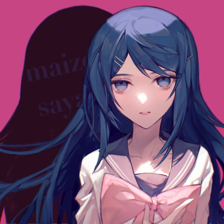 1girl bangs black_sailor_collar blue_eyes blue_hair bow bowtie character_name collarbone danganronpa:_trigger_happy_havoc danganronpa_(series) flowercz hair_ornament hairclip highres long_hair long_sleeves looking_at_viewer maizono_sayaka parted_lips pink_background pink_bow pink_bowtie portrait sailor_collar shadow shirt solo teeth two-tone_background white_shirt