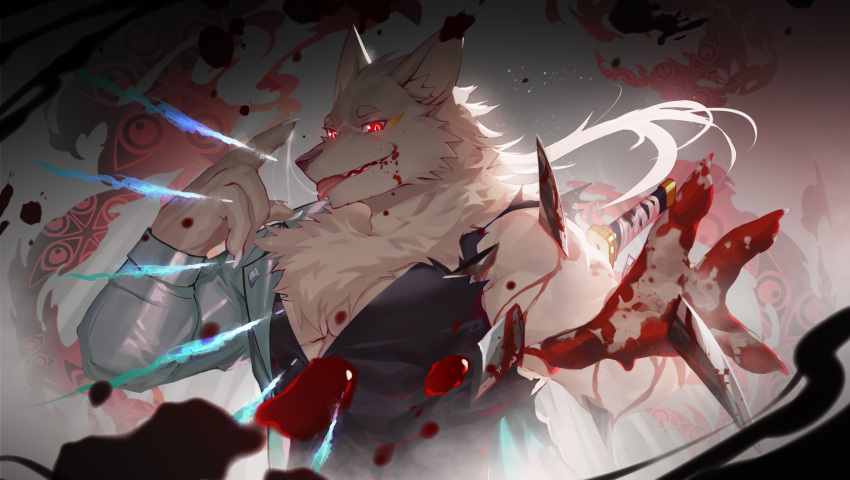 abstract_background absurd_res anthro biped black_clothing black_shirt black_topwear blood blood_on_arm blood_on_face blood_on_hand blood_on_weapon bodily_fluids broken_sword broken_weapon canid canine clothing coat fox fur glowing glowing_eyes grin hair hglc233 hi_res katana male mammal melee_weapon muscular muscular_anthro muscular_male pink_nose red_eyes shirt smile solo stab sword tongue tongue_out topwear weapon white_body white_clothing white_coat white_fur white_hair white_topwear