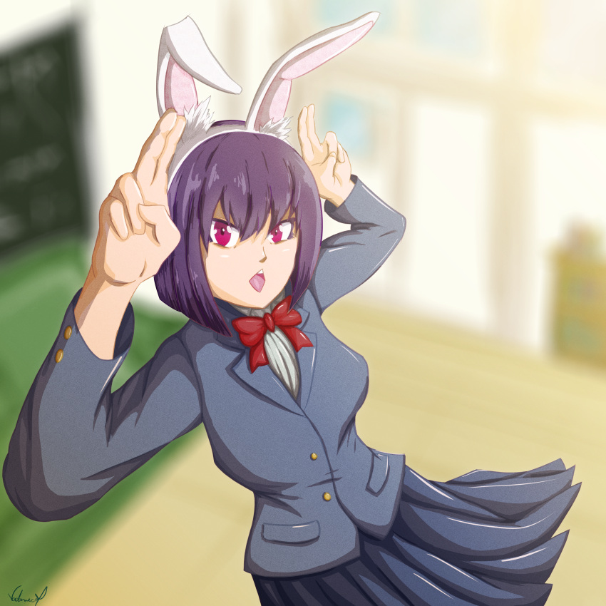 absurdres animal_ears highres ijiranaide_nagatoro-san purple_hair rabbit_ears school_uniform sunomiya_hana vadamecox