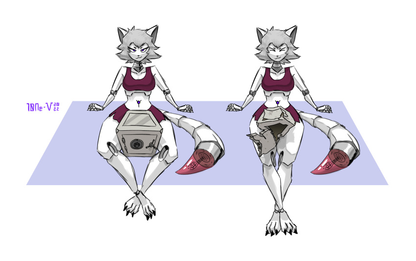 10ne-v absurd_res alexa_(10ne-v) anthro bra canid canine clothing female fox grey_hair hair hi_res living_machine looking_at_viewer machine mammal robot solo sports_bra thigh_crush underwear