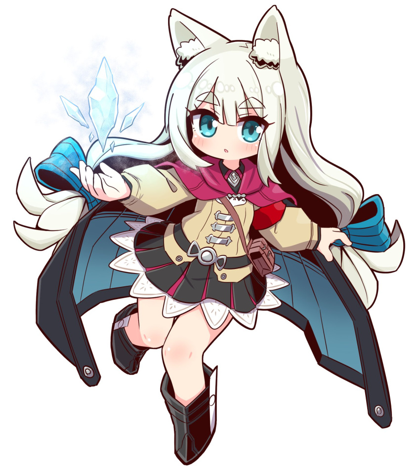 1girl 7th_dragon_(series) 7th_dragon_2020-ii :o animal_ear_fluff animal_ears black_cape black_footwear black_shirt black_skirt blue_bow blue_eyes blush boots bow brown_jacket cape chibi chitrine_(7th_dragon) collared_shirt commentary_request crystal full_body grey_hair hair_bow highres ice jacket long_hair long_sleeves looking_at_viewer lucier_(7th_dragon) naga_u parted_lips pleated_skirt puffy_long_sleeves puffy_sleeves shirt short_eyebrows simple_background skirt solo striped striped_bow thick_eyebrows very_long_hair white_background