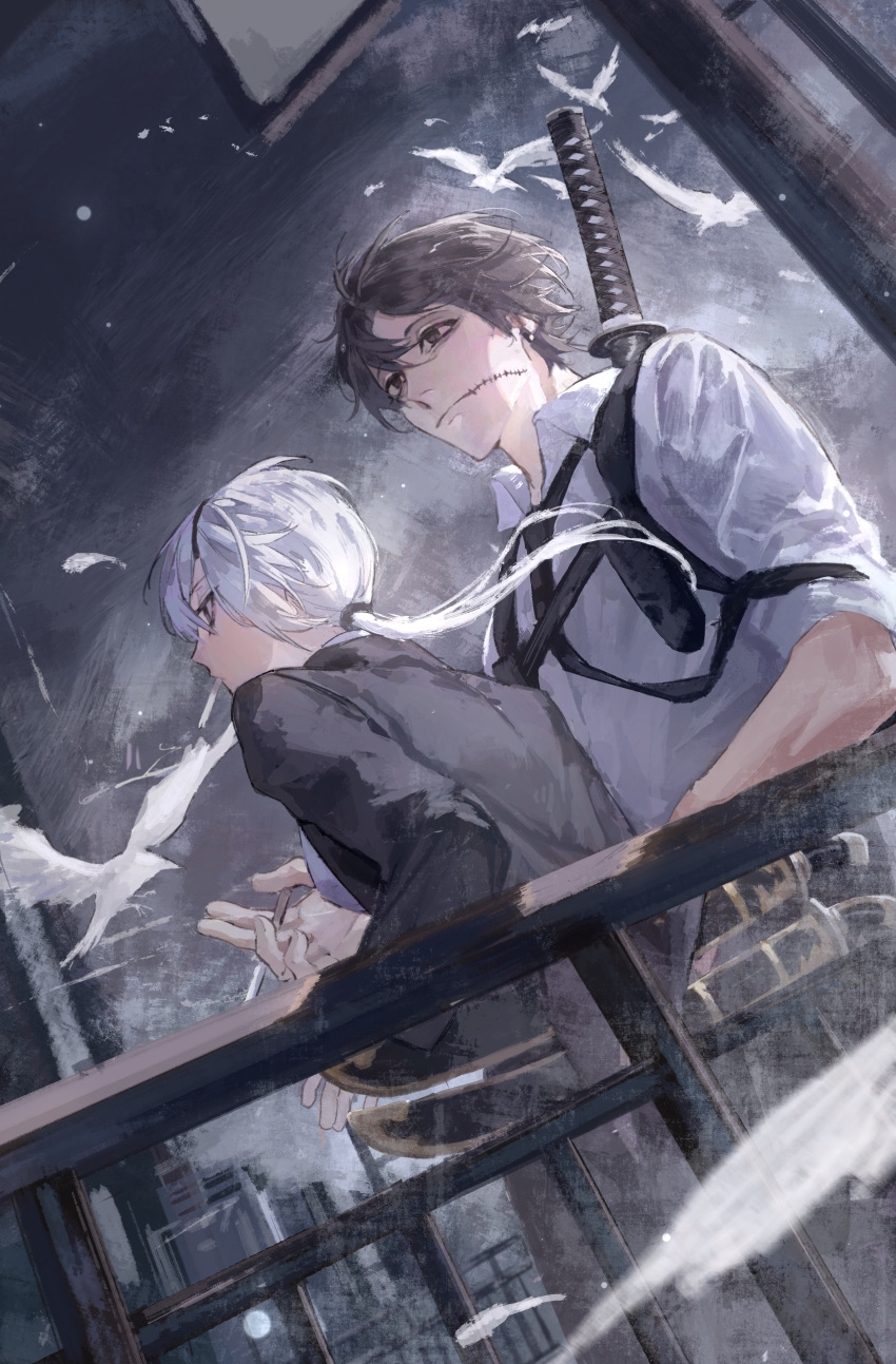 1boy 1girl absurdres against_railing black_hair black_jacket black_necktie black_pants chainsaw_man chest_belt cigarette collared_shirt eyepatch formal highres holding holding_cigarette jacket katana kishibe_(chainsaw_man) kishibe_(young)_(chainsaw_man) long_hair looking_away looking_to_the_side necktie pants ponytail quanxi_(chainsaw_man) railing shirt shirt_tucked_in short_hair smoking stitched_face stitched_mouth stitches suit suit_jacket sword weapon weapon_on_back white_hair white_shirt zuosha