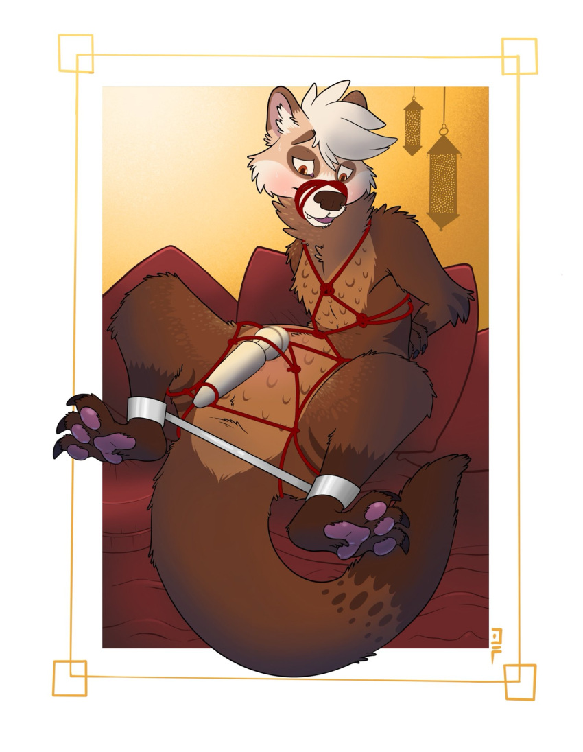 ambiguous_gender anthro bed blep blush bodily_fluids bound claws dangerfox detailed_background fangs fluffy furniture gag gagged gulonine hi_res leg_cuff long_tail mammal marten mustelid musteline null pawpads paws pine_marten sex_toy solo sweat tail teeth tongue tongue_out vibrator watermark