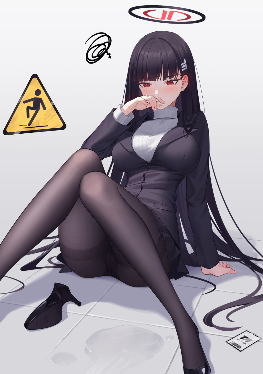 1girl absurdres bangs black_footwear black_hair black_pantyhose black_skirt black_suit blue_archive blunt_bangs blush breasts formal halo high_heels highres large_breasts long_hair mechanical_halo negi3 on_floor pantyhose red_eyes rio_(blue_archive) skirt sleeves_past_wrists solo suit swirl tripping turtleneck very_long_hair wet_floor_sign