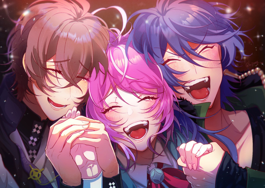 3boys ahoge amemura_ramuda arisugawa_dice bangs blue_hair blurry blurry_background blush brooch brown_hair celebration closed_eyes facing_viewer fang fling_posse hair_between_eyes highres holding_hands hood hooded_jacket hypnosis_mic jacket jewelry laughing magi_rui2 multiple_boys open_mouth pink_hair red_ribbon ribbon smile stage_lights yumeno_gentarou