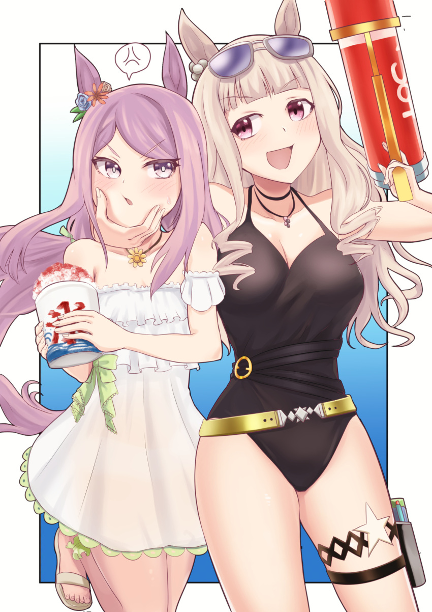 2girls anger_vein angry animal_ears arm_around_neck armband bangs belt black_choker black_one-piece_swimsuit blunt_bangs blush breasts choker commentary cup dress food frilled_armband frills frown gold_ship_(run_revolt_launcher)_(umamusume) gold_ship_(umamusume) green_footwear grey_hair hand_on_another's_chin highres holding holding_cup horse_ears horse_girl horse_tail jewelry leg_up long_hair looking_at_viewer low-tied_long_hair medium_breasts mejiro_mcqueen_(ripple_fairlady)_(umamusume) mejiro_mcqueen_(umamusume) multiple_girls necklace official_alternate_costume one-piece_swimsuit open_mouth outside_border purple_eyes purple_hair sandals see-through see-through_dress shaved_ice short_dress smile spoken_anger_vein standing standing_on_one_leg star_(symbol) super_smashing_summer_vacation_(umamusume) sweatdrop swept_bangs swimsuit tail teaclaw thigh_pouch thigh_strap umamusume water_gun white_dress yellow_belt