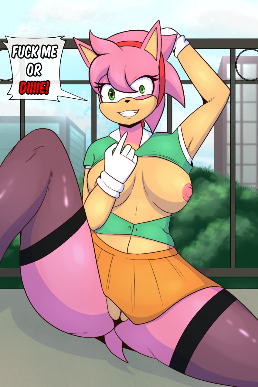 2023 amy_rose anthro areola bottomwear breasts butt classic_amy_rose classic_sonic_(universe) clothed clothing clothing_lift crazy_eyes dialogue digital_drawing_(artwork) digital_media_(artwork) eulipotyphlan female flyingtrace genitals hedgehog hi_res insane legwear looking_at_viewer mammal multicolored_body nipples open_clothing open_topwear outside partially_clothed pink_body pink_nipples pussy raised_bottomwear raised_clothing raised_skirt sega skirt skirt_lift solo sonic_the_hedgehog_(series) stockings tail topwear translucent translucent_clothing two_tone_body yandere