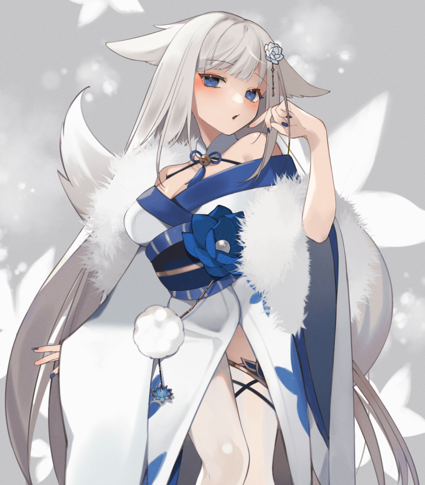 1girl animal_ears atori_(piscis) bell blue_eyes blue_nails blush breasts cleavage commission flower fox_ears fox_girl fox_tail fur_(clothing) hair_flower hair_ornament hand_up highres indie_virtual_youtuber japanese_clothes jingle_bell kimono large_breasts long_hair looking_at_viewer mole mole_under_eye neck_bell obi parted_lips sakae_izumi sash second-party_source skeb_commission solo tail tassel thighhighs very_long_hair virtual_youtuber white_hair white_kimono white_thighhighs