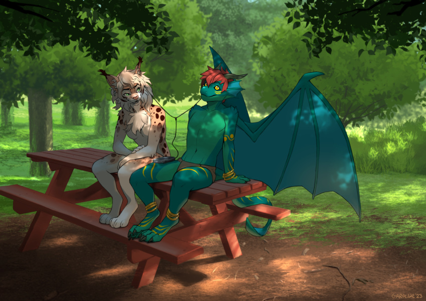 2023 anthro breasts clothed clothing day detailed_background digital_media_(artwork) digitigrade dragon duo felid feline female forest grass kero_tzuki lynx male mammal membrane_(anatomy) membranous_wings nude outside plant smile tree wings