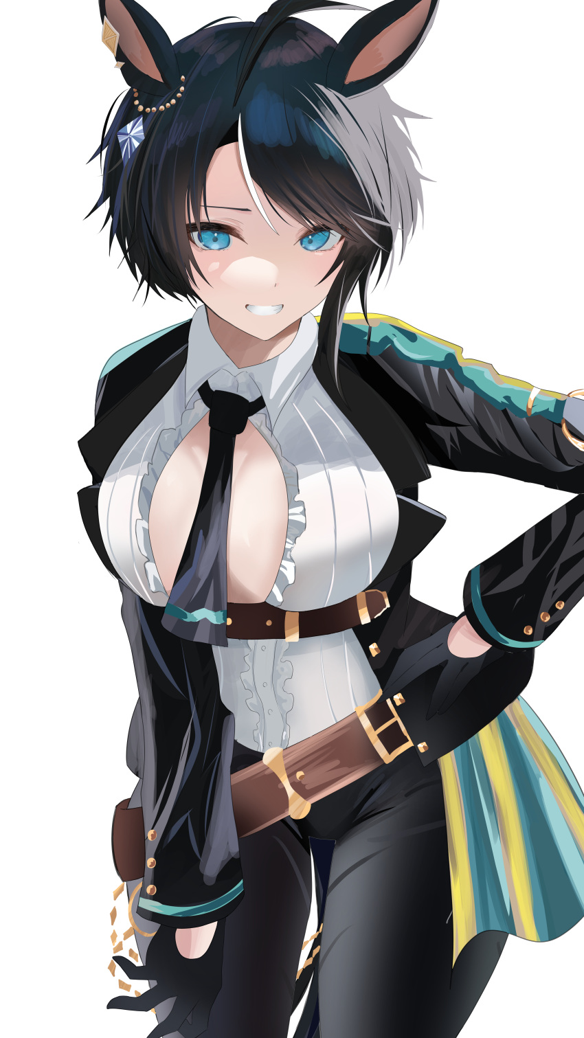1girl absurdres ahoge animal_ears bangs belt black_gloves black_hair black_jacket black_necktie black_pants blue_eyes breasts brown_belt center_frills cleavage collared_shirt commentary_request cowboy_shot ear_ornament ear_piercing frilled_shirt frills fuji_kiseki_(umamusume) gloves gold_trim grin hair_between_eyes hand_on_hip highres horse_ears horse_girl horse_tail jacket kirameki_(rikukaikuu) large_breasts long_sleeves looking_at_viewer multicolored_hair necktie open_clothes open_jacket pants piercing shirt short_hair sidelocks simple_background smile solo standing tail teeth umamusume underbust white_background white_hair white_shirt