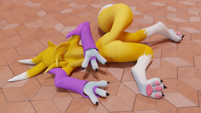 anthro arm_bent bandai_namco butt canid canine digimon digimon_(species) family_guy_death_pose feet female fur hand_behind_back hi_res lying mammal nude on_ground renamon simple_background solo squeeshy white_body white_fur yellow_body yellow_fur