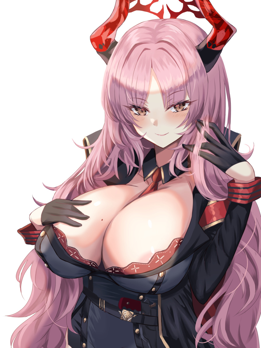 1girl areola_slip bangs black_gloves blue_archive blush breasts cleavage closed_mouth gloves habu_rin halo hand_up highres horns long_hair long_sleeves looking_at_viewer mole mole_on_breast necktie parted_bangs pink_hair red_necktie satsuki_(blue_archive) simple_background smile solo upper_body white_background