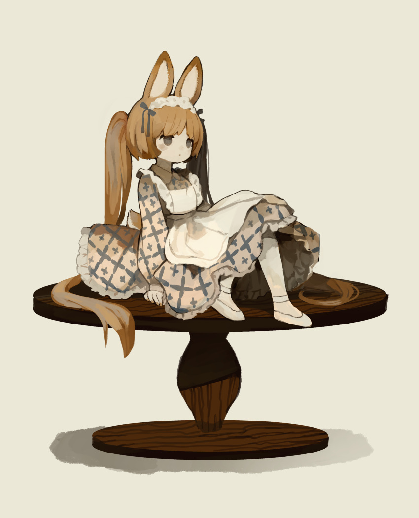 absurd_res anthro biped black_eyes brown_hair clothed clothing female footwear furniture hair hi_res lagomorph leporid maid_headdress maid_uniform mammal rabbit sakutake shadow shoes simple_background solo table uniform white_background