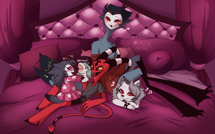 &lt;3 anthro avian bed bird blitzo_(helluva_boss) canid canid_demon child clothing daughter demon detailed_background eye_contact father father_and_child father_and_daughter female fur furniture grey_body grey_fur grey_hair group hair hellhound helluva_boss hi_res horn imp l0mius long_hair looking_at_another loona_(helluva_boss) lying male mammal musical_note octavia_(helluva_boss) on_back on_front owl owl_demon pajamas parent parent_and_child pillow pink_eyes playing plushie red_eyes robe short_hair sitting smile stolas_(helluva_boss) white_face yellow_eyes young