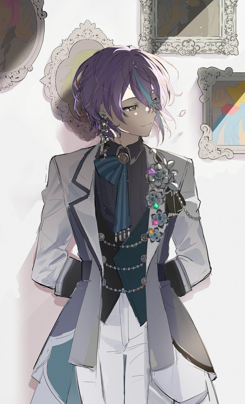 1boy arms_behind_back bangs blue_hair closed_mouth collared_shirt earrings flower hair_between_eyes highres iwatnc jewelry kamishiro_rui lapels layered_clothes long_sleeves looking_to_the_side male_focus notched_lapels pants picture_frame project_sekai purple_hair shirt short_hair solo white_pants yellow_eyes