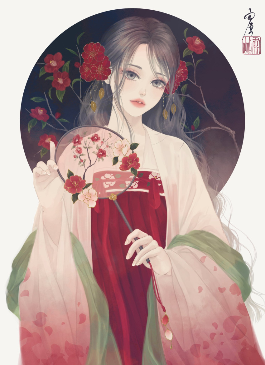 1girl branch brown_hair camellia chinese_clothes commentary_request fingernails floral_print flower green_shawl grey_eyes hair_flower hair_ornament hand_fan hanfu head_tilt highres holding holding_fan long_hair long_sleeves looking_at_viewer original paper_fan parted_lips red_flower red_robe robe seal_impression signature solo standing uchiwa upper_body ushiyama_ame very_long_hair wavy_hair white_robe wide_sleeves