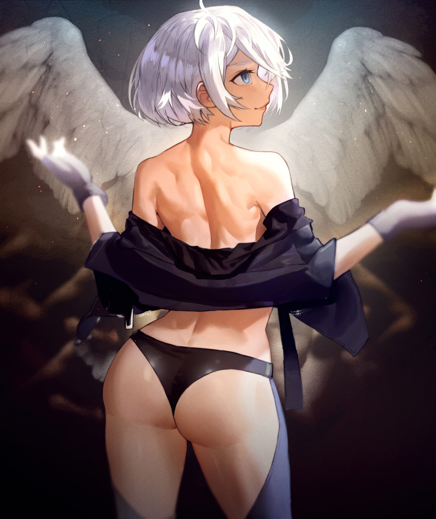 1girl ahoge angel_(kof) angel_wings ass back bare_shoulders black_gloves black_jacket black_panties blue_eyes chaps clip_studio_paint_(medium) commentary english_commentary from_behind gloves highres hymin jacket no_bra off_shoulder panties short_hair shoulder_blades solo the_king_of_fighters toned trefoil underwear white_hair wings