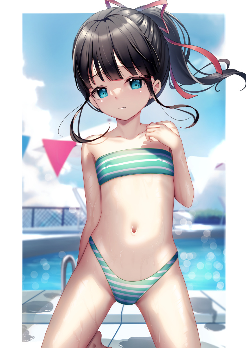 1girl bikini black_hair blue_eyes blush bow breasts commission covered_nipples hair_bow highres kneeling long_hair looking_at_viewer original outdoors pixiv_commission ponytail poolside small_breasts solo striped striped_bikini swimsuit yan_(nicknikg)