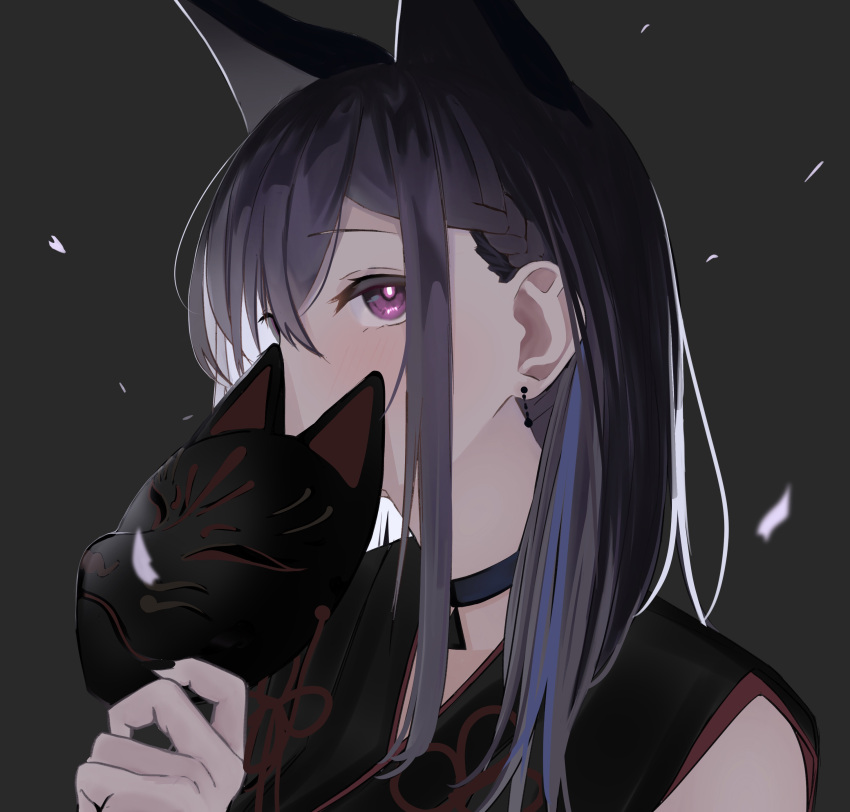 1girl absurdres animal_ears bangs black_background black_choker black_hair black_kimono black_mask black_nails blue_hair blush braid choker close-up covering_mouth earrings fox_ears fox_girl fox_mask hair_between_eyes highres ichinose_uruha japanese_clothes jewelry kimono looking_up lupinus_virtual_games mask medium_hair multicolored_hair nail oreazu petals purple_eyes simple_background solo streaked_hair upper_body virtual_youtuber vspo!