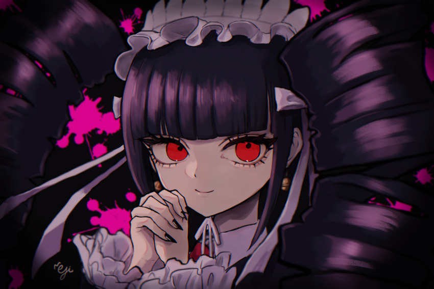 1girl bangs black_background black_nails blood blunt_bangs celestia_ludenberg closed_mouth collared_shirt danganronpa:_trigger_happy_havoc danganronpa_(series) drill_hair earrings fingernails frisk_kunn grey_ribbon hair_ribbon interlocked_fingers jewelry long_hair nail_polish necktie own_hands_clasped own_hands_together pink_background pink_blood red_eyes red_necktie ribbon sharp_fingernails shirt smile solo twin_drills twintails