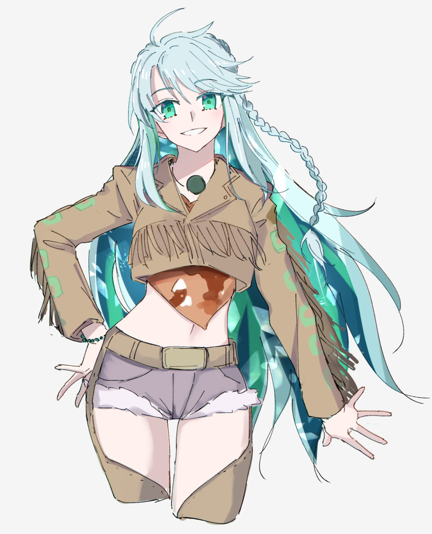 1girl bangs belt belt_buckle blue_hair bracelet braid breasts brown_jacket brown_pants buckle colored_inner_hair cropped_jacket cutoffs denim detached_pants fate/grand_order fate_(series) fringe_trim green_eyes green_hair grey_shorts grin highres jacket jewelry kukulkan_(fate) large_breasts light_blue_hair long_hair long_sleeves looking_at_viewer midriff multicolored_hair navel necklace pants short_shorts shorts sidelocks smile snake_print solo thighs yamamon_0