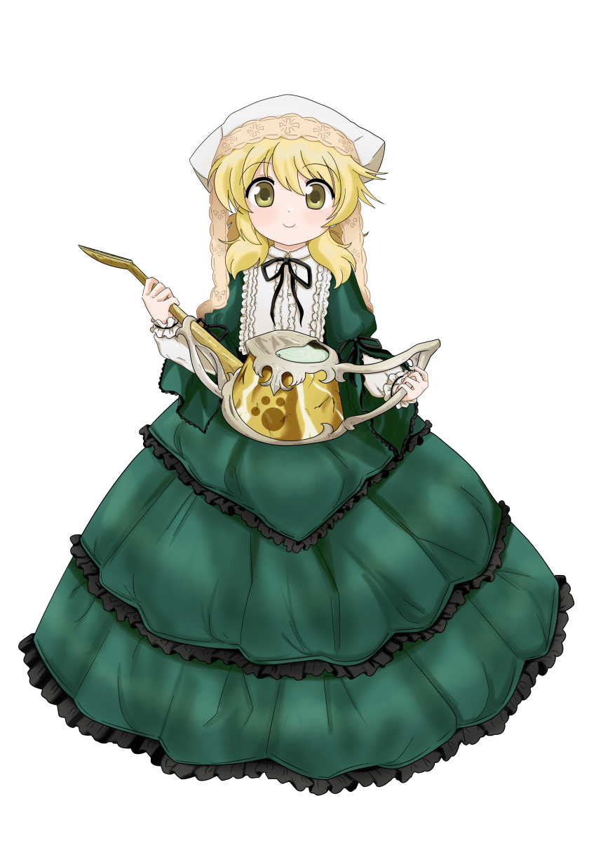 1girl absurdres blonde_hair cosplay dard_drak dress green_dress hidamari_sketch highres long_hair looking_at_viewer miyako_(hidamari_sketch) rozen_maiden simple_background smile solo suiseiseki suiseiseki_(cosplay) watering_can white_background