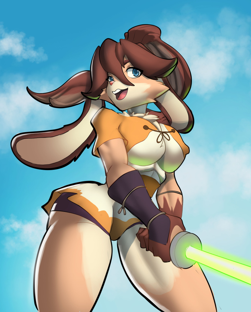 absurd_res anthro big_breasts blue_eyes breasts brown_body brown_fur brown_hair clothing eyebrows female floppy_ears fur gloves_(marking) green_lightsaber hair hi_res lagomorph lepi leporid lightsaber long_ears looking_at_viewer lop_(star_wars_visions) mammal markings melee_weapon nardy616 neck_tuft nipple_outline open_mouth solo star_wars star_wars_visions tan_body tan_fur tuft weapon
