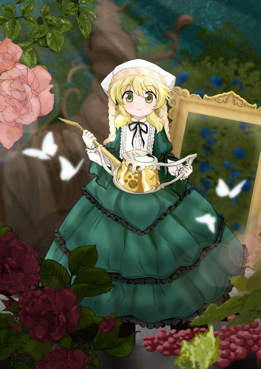 1girl absurdres blonde_hair bug butterfly cosplay dard_drak dress flower green_dress hidamari_sketch highres long_hair looking_at_viewer miyako_(hidamari_sketch) rose rozen_maiden smile solo suiseiseki suiseiseki_(cosplay) watering_can