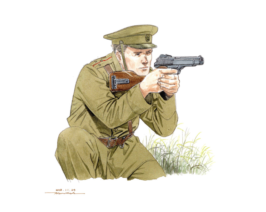 1boy aiming belt brown_belt brown_hair chin_strap closed_mouth commentary cropped_legs dated epaulettes finger_on_trigger fingernails grass gun handgun hat hat_ornament holding holding_gun holding_weapon horikou insignia lips long_sleeves machine_pistol male_focus military military_hat military_jacket military_uniform nose officer one_eye_closed original own_hands_together pants peaked_cap short_hair shoulder_stock shoulder_strap signature simple_background solo soviet soviet_army star_(symbol) star_hat_ornament stechkin_aps two-tone_headwear uniform very_short_hair weapon white_background