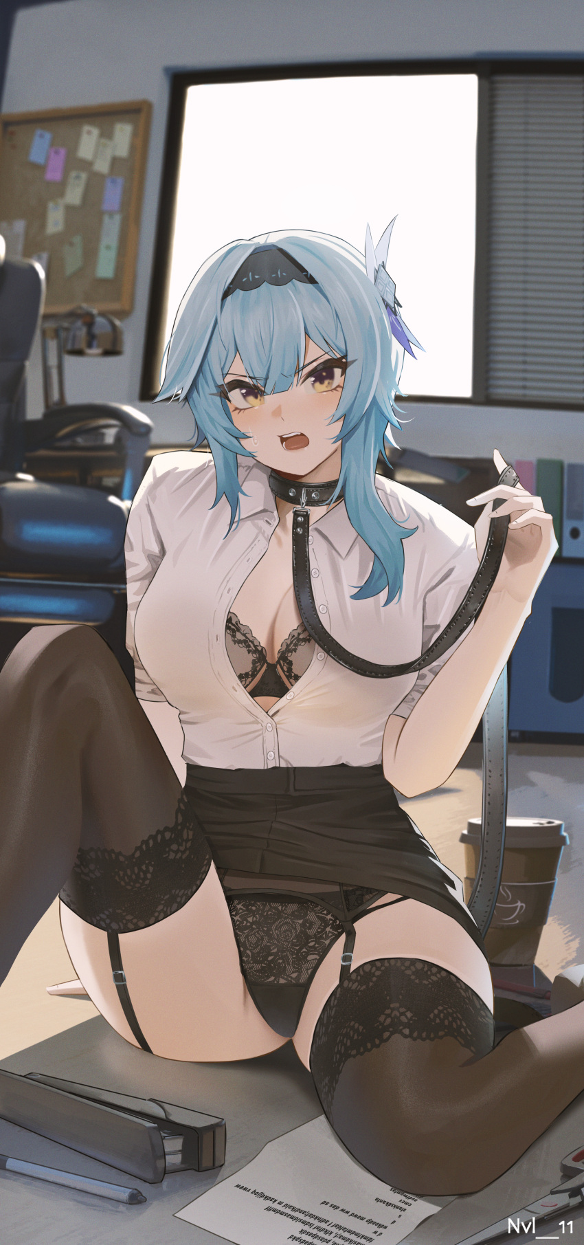 1girl absurdres alternate_costume bangs black_bra black_choker black_garter_belt black_garter_straps black_hairband black_panties black_skirt black_thighhighs blue_hair blush bra breasts chair choker cleavage coffee_cup collared_shirt cup desk_lamp disposable_cup eula_(genshin_impact) genshin_impact hair_ornament hairband highres indoors lamp large_breasts leash lingerie looking_at_viewer medium_hair miniskirt nvl open_mouth panties paper partially_unbuttoned shirt shirt_tucked_in short_sleeves sitting skirt solo stapler thighhighs thighs twitter_username underwear white_shirt window yellow_eyes