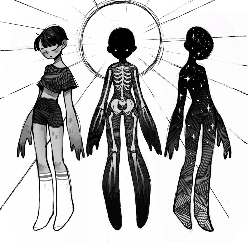 1girl age_progression closed_eyes closed_mouth commentary constellation crop_top crosshatching english_commentary exposed_bone feefal hatching_(texture) highres implied_death monochrome original pixie_cut short_hair shorts simple_background socks star_(sky)