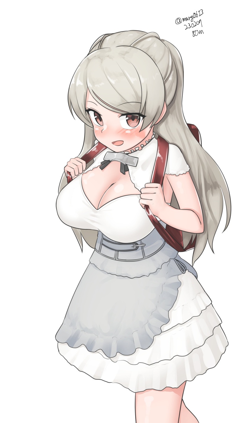 1girl absurdres armpit_cutout backpack bag blush breasts brown_eyes cleavage cleavage_cutout clothing_cutout conte_di_cavour_(kancolle) conte_di_cavour_nuovo_(kancolle) corset dress frilled_dress frills gloves grey_dress grey_hair highres kantai_collection large_breasts layered_dress long_hair long_sleeves looking_at_viewer maru_(marg0613) open_mouth randoseru solo two-tone_dress two_side_up white_dress white_gloves