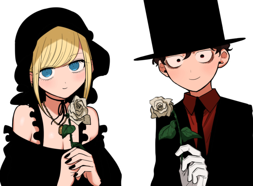 1boy 1girl alice_lendrott bare_shoulders black_dress black_hair black_headwear black_nails black_necktie black_ribbon black_suit blonde_hair blue_eyes bocchan_(shinigami_bocchan_to_kuro_maid) bonnet breasts choker cleavage dress flower formal gloves hat highres holding holding_flower inoue_koharu long_hair looking_at_viewer nail_polish necktie official_art own_hands_together red_shirt ribbon ribbon_choker rose shinigami_bocchan_to_kuro_maid shirt short_hair simple_background smile suit top_hat upper_body white_background white_flower white_gloves white_rose