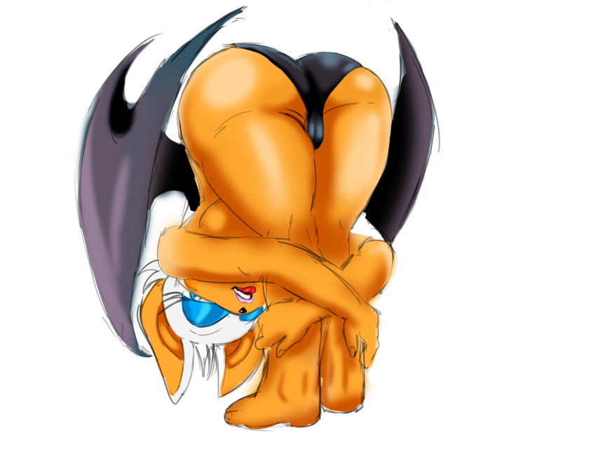 anthro bat bat_wings bent_over big_butt black_clothing black_panties black_underwear blue_eyes blue_eyeshadow breasts butt camel_toe clothing eyelashes eyeshadow female fur looking_at_viewer makeup mammal membrane_(anatomy) membranous_wings mostly_nude narrowed_eyes open_mouth panties rear_view rouge_the_bat sega simple_background solo sonic_the_hedgehog_(series) tan_body tan_fur thegrossmind thick_thighs tongue tongue_out underwear white_background white_body white_fur wide_hips wings