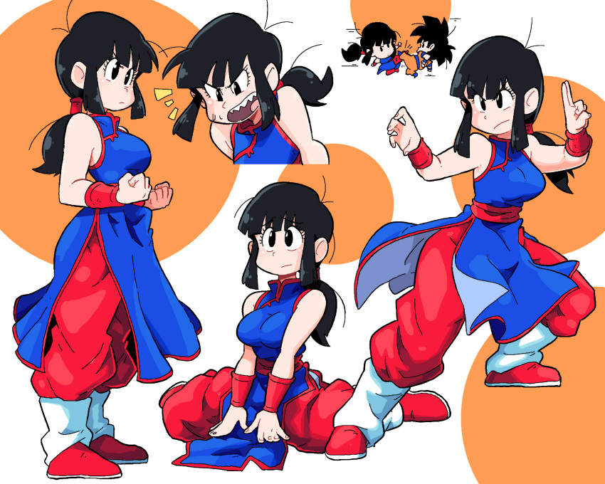 1boy 1girl antenna_hair bangs black_eyes black_hair blue_dress blunt_bangs breasts chi-chi_(dragon_ball) china_dress chinese_clothes clenched_hands dougi dragon_ball dragon_ball_(classic) dress duel fighting_stance full_body hair_tubes highres long_hair mixed_gender_duel multiple_views obi open_mouth orange_background ponytail red_footwear red_sash sash scott_malin sharp_teeth shoes sidelocks sitting sleeveless sleeveless_dress son_goku teeth two-tone_background wariza white_background wristband