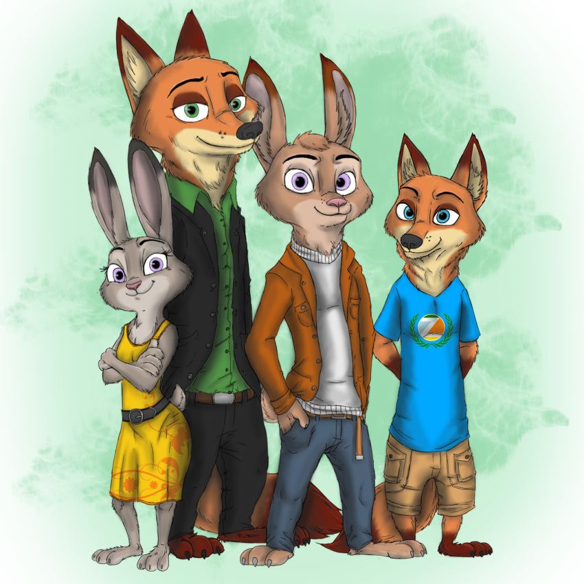 1:1 anthro blue_clothing blue_eyes blue_shirt blue_topwear brown_body brown_clothing brown_fur brown_jacket brown_topwear canid canine clothing disney dress female fox fur green_clothing green_eyes green_shirt green_topwear grey_body grey_fur group hi_res hybrid jacket judy_hopps khaki_shorts lagomorph leporid male mammal nicholas_hopps_(giftheck) nick_wilde purple_eyes rabbit red_body red_fur robin_anabel_(giftheck) shirt sweater topwear yellow_clothing yellow_dress ziegelzeig zootopia