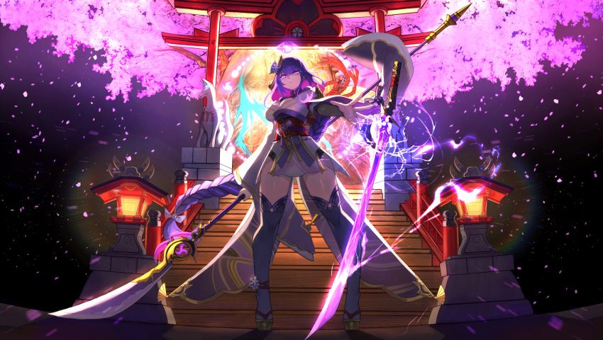 1girl breasts cherry_blossoms cleavage dawito dual_wielding from_below genshin_impact highres holding holding_polearm holding_weapon japanese_clothes katana kimono large_breasts long_hair obi polearm purple_eyes purple_hair purple_kimono purple_thighhighs raiden_shogun sash solo spear sword thighhighs torii very_long_hair weapon
