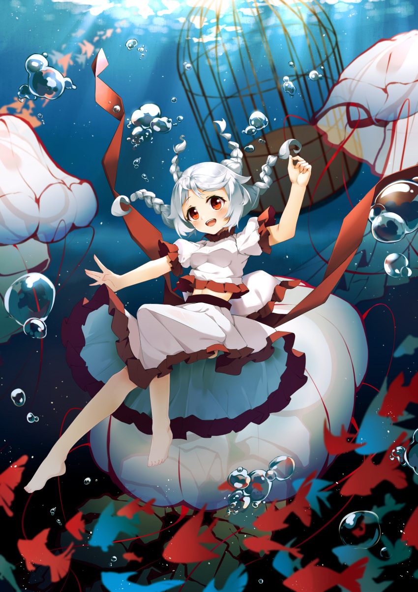 1girl :d \||/ absurdres birdcage blush braid bubble cage chinese_commentary commentary ebisu_eika fish floating_hair frilled_skirt frilled_sleeves frills full_body highres jellyfish long_hair looking_at_viewer open_mouth puffy_short_sleeves puffy_sleeves red_eyes red_ribbon ribbon shirt short_sleeves skirt smile solo teeth tongue touhou underwater upper_teeth_only white_hair white_shirt white_skirt yingzi_luren