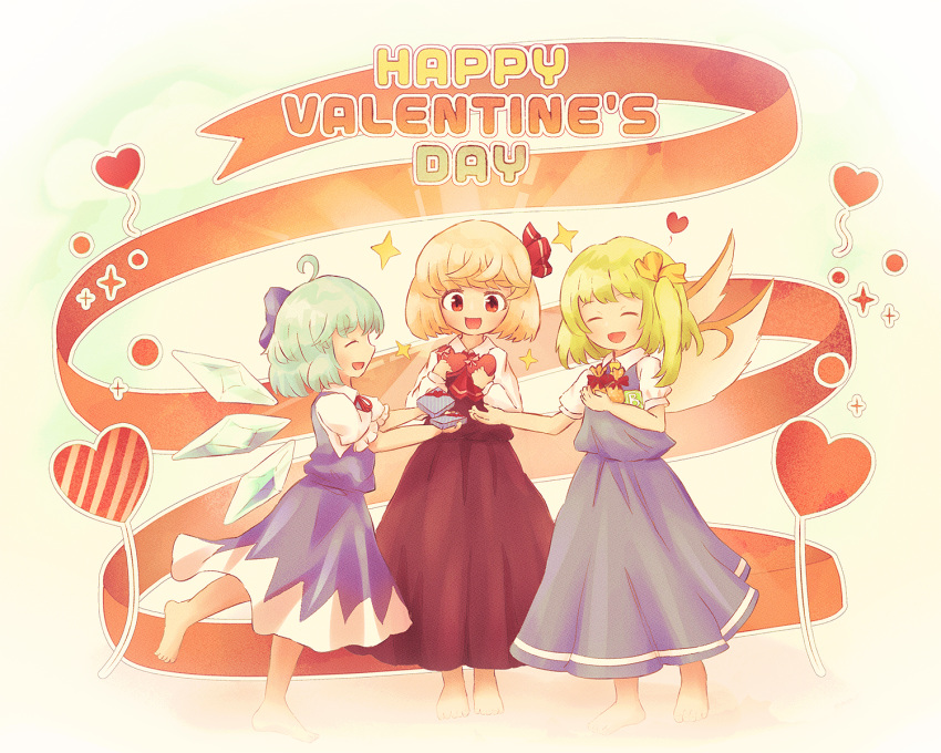 3girls ascot barefoot black_skirt black_vest blonde_hair blue_bow blue_dress blue_hair blue_skirt blue_vest bomb_item_(touhou) bow box cirno closed_eyes collared_shirt daiyousei detached_wings dress fairy fairy_wings gift gift_box green_hair hair_bow hair_ribbon happy_valentine heart heart-shaped_box highres holding holding_gift ice ice_wings long_hair long_sleeves multiple_girls open_mouth red_ascot red_eyes red_ribbon ribbon rumia shirt short_hair short_sleeves side_ponytail skirt smile touhou valentine vest white_shirt wings yoirone