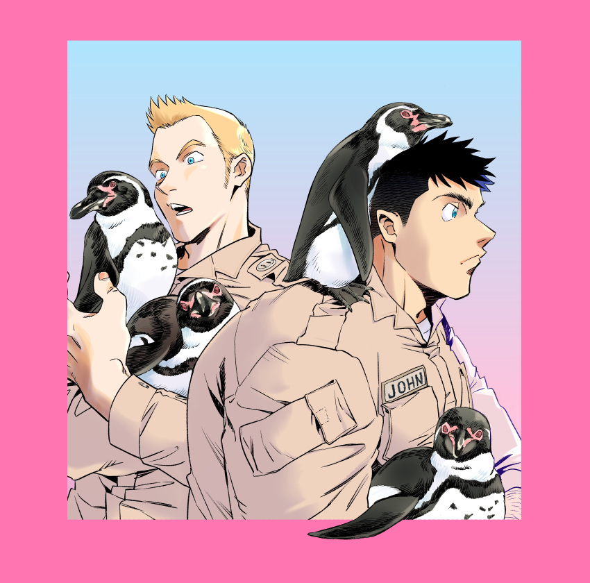 2boys absurdres animal animal_on_back bara bird black_hair blonde_hair blue_eyes carrying character_request dickfish_(fishismdick) from_side highres holding holding_animal john_rottweil_(dickfish) long_sideburns male_focus military military_uniform multiple_boys muscular muscular_male open_mouth original penguin piggyback pink_background scan short_hair sideburns sketch thick_eyebrows traditional_media undercut uniform