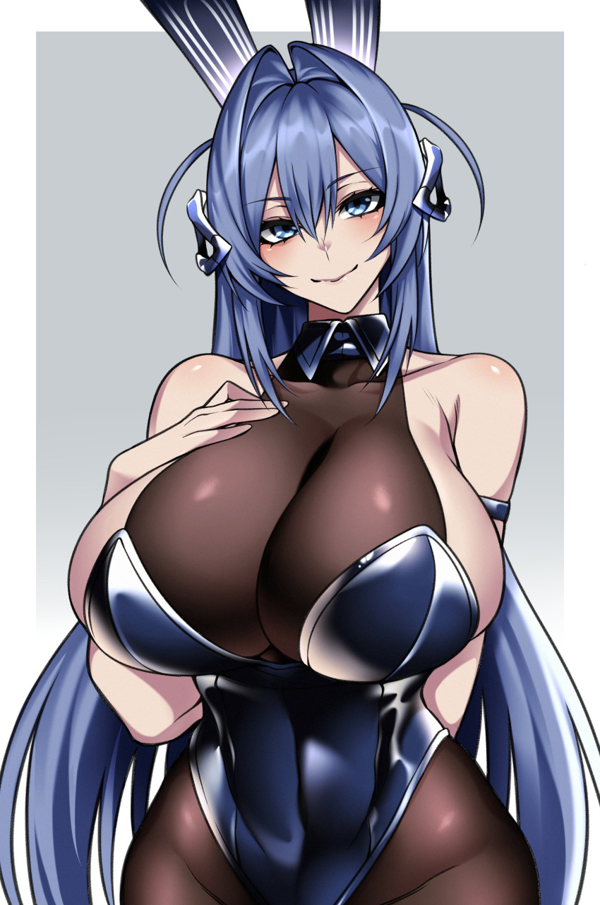 1girl absurdres animal_ears arms_up azur_lane bare_shoulders blue_eyes blue_hair bodystocking breasts commission hair_between_eyes hand_on_own_chest highres huge_breasts hz_(666v) leotard long_hair looking_at_viewer new_jersey_(azur_lane) new_jersey_(exhilarating_steps!)_(azur_lane) official_alternate_costume pantyhose playboy_bunny rabbit_ears see-through_cleavage simple_background smile white_background wrist_cuffs