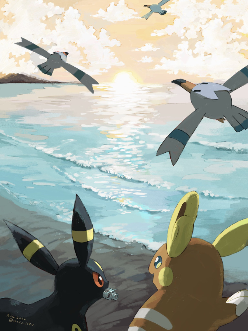 alolan_raichu bottle cloud commentary_request dated highres mokuzou_(moku_ssbu) mouth_hold no_humans outdoors pokemon pokemon_(creature) shore sky sparkle twitter_username umbreon water wingull