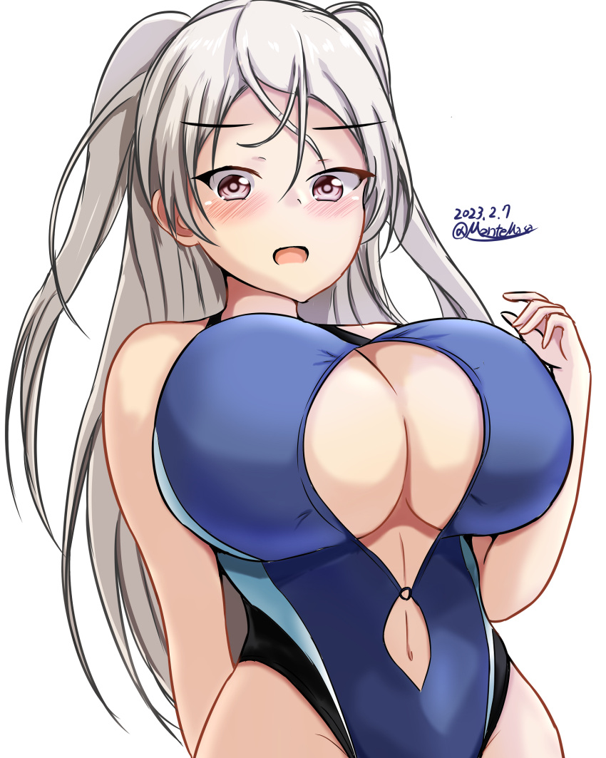 1girl black_one-piece_swimsuit blue_one-piece_swimsuit blush breasts brown_eyes cleavage_cutout clothing_cutout competition_swimsuit conte_di_cavour_(kancolle) dated embarrassed highleg highleg_swimsuit highres impossible_clothes impossible_swimsuit kantai_collection large_breasts long_hair looking_at_viewer montemasa one-hour_drawing_challenge one-piece_swimsuit simple_background solo swimsuit twitter_username two-tone_swimsuit two_side_up white_background