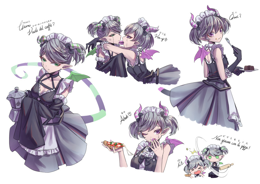 &gt;_&lt; 2girls anger_vein arianna_the_labrynth_servant arianne_the_labrynth_servant arms_around_neck black_gloves black_shirt black_sleeves breasts cleavage closed_eyes closed_mouth coffee_pot collarbone detached_sleeves duel_monster elbow_gloves eye_contact food food_in_mouth food_on_face fork french_text frilled_shirt frills gloves green_eyes green_wings grey_hair grey_skirt highres holding holding_food holding_fork holding_plate horns long_sleeves looking_at_another macaron medium_breasts mini_wings mouth_hold multiple_girls nail_polish open_mouth pink_nails pink_wings pizza pizza_slice plate pleated_skirt pointy_ears profile purple_eyes rolling_pin shirt shun_no_shun siblings simple_background sisters skirt sleeves_past_fingers sleeves_past_wrists translation_request wavy_mouth white_background wings yu-gi-oh!