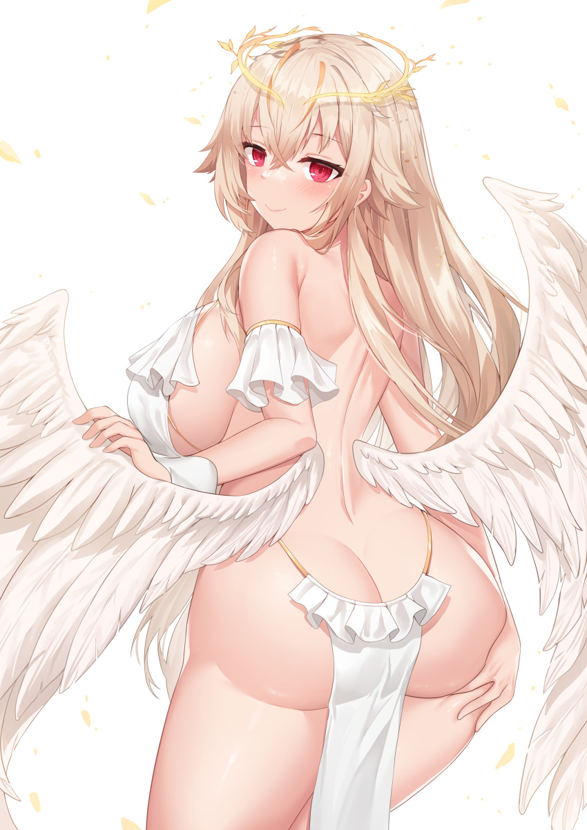 1girl absurdres angel angel_wings ass ass_grab back bare_back blush breasts butt_crack cowboy_shot deogho_(liujinzy9854) falling_leaves feathered_wings frills from_behind grabbing_own_ass halo head_wreath highres korean_commentary large_breasts leaf light_brown_hair loincloth long_hair looking_at_viewer looking_back low_wings original red_eyes sideboob smile solo white_loincloth white_wings wing_grab wings